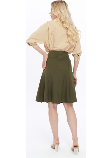 Kadın Haki Mevsimlik Parçalı kloş Midi Etek 1896-63