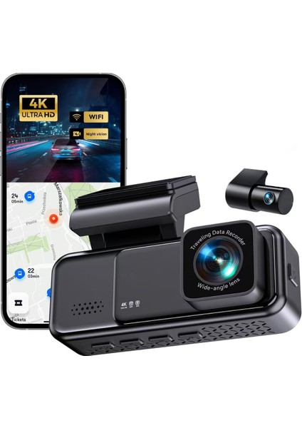 4K Ultra Hd Araç Kamerası Wifi Gps Gece Görüşlü Çift Kameralı