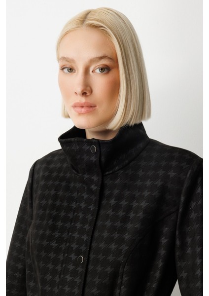 Kazayağı Desenli Kolları Apoletli Trenç Siyah 07041 fiyatları