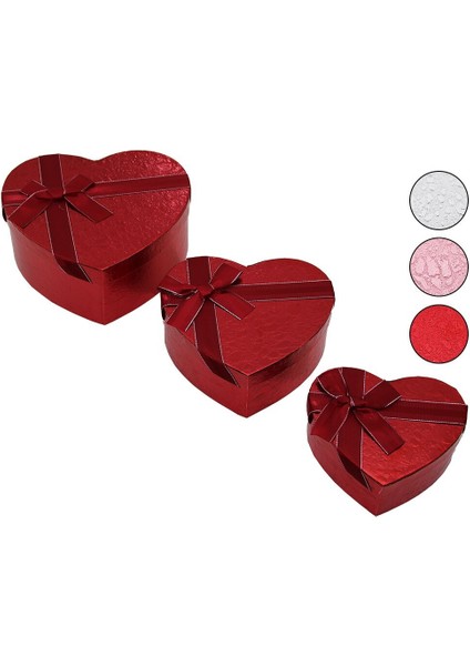 3pcs Kalp Parlak Renkli - Kabartma Desen Karton Hediye Kutusu Kurdelalı 15-18-21CM (5264)