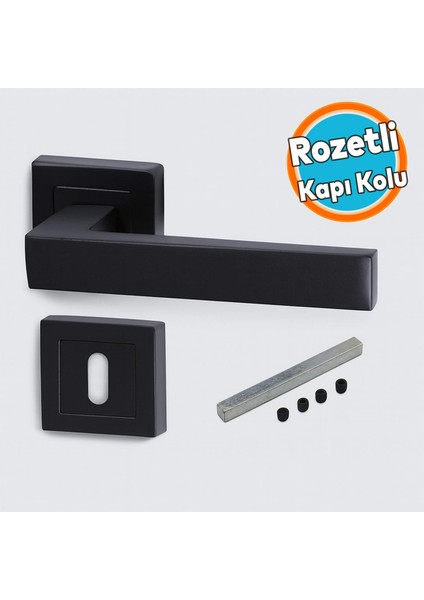 Kare Rozetli Oda Kapı Kolu Mat Siyah Metal Sağa Sola Uygun (1 Takım)