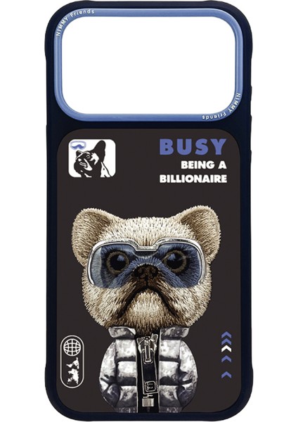 iPhone 17 Pro Max Uyumlu Gözlük Fermuar Rich Köpek Detaylı Nakış Işlemeli Kabartmalı Cool Cute Kılıf