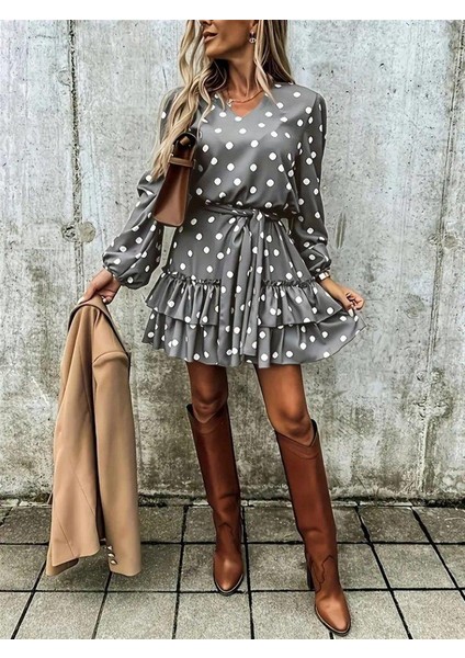 Kadın Uzun Kollu V Yakalı Belden Kuşaklı Puantiyeli Mini Modal Elbise