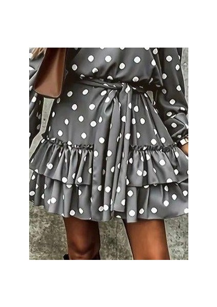 Kadın Uzun Kollu V Yakalı Belden Kuşaklı Puantiyeli Mini Modal Elbise modelleri