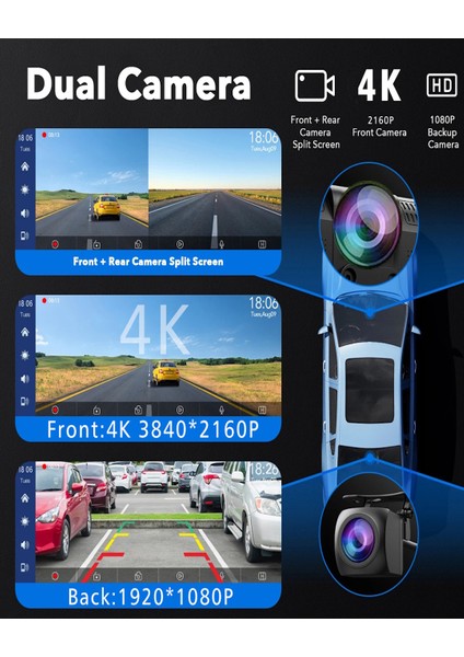 4K + 1080P Çift Kameralı Araç Içi Ayna Kamera | 360° Dönebilen Lens + Dokunmatik Ekran fiyatları