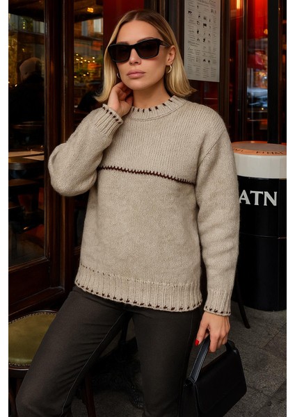 Crop Bisiklet Yaka Simli Kazak Bej