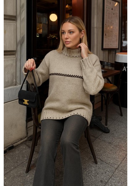 Crop Bisiklet Yaka Simli Kazak Bej fiyatları