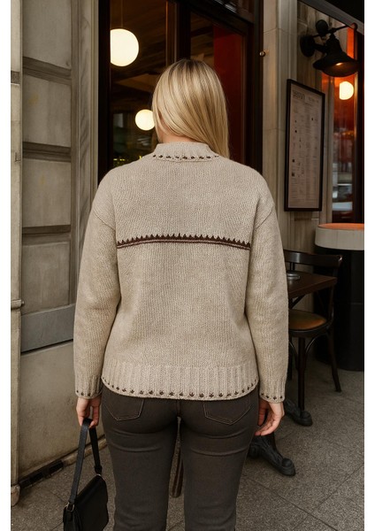 Crop Bisiklet Yaka Simli Kazak Bej modelleri