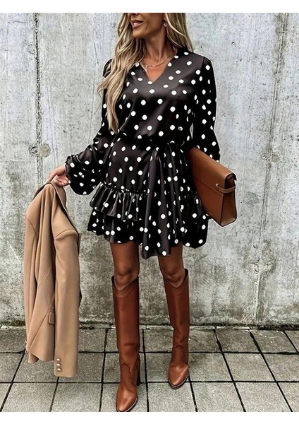 Kadın Uzun Kollu V Yakalı Belden Kuşaklı Puantiyeli Mini Modal Elbise fiyatları