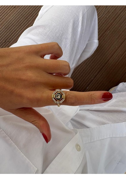 Altıgen Siyah Mineli Zirkon Taşlı Tasarım Ayarlanabilir Gold Yüzük modelleri