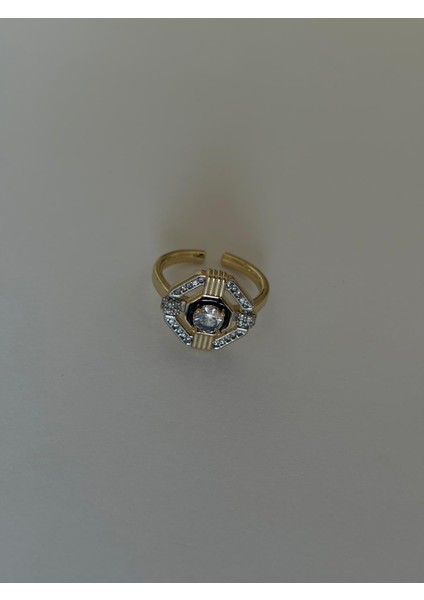 Altıgen Siyah Mineli Zirkon Taşlı Tasarım Ayarlanabilir Gold Yüzük indirimleri