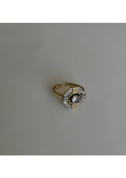 Altıgen Siyah Mineli Zirkon Taşlı Tasarım Ayarlanabilir Gold Yüzük