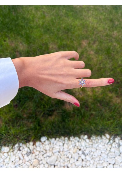 Altıgen Siyah Mineli Zirkon Taşlı Tasarım Ayarlanabilir Gold Yüzük