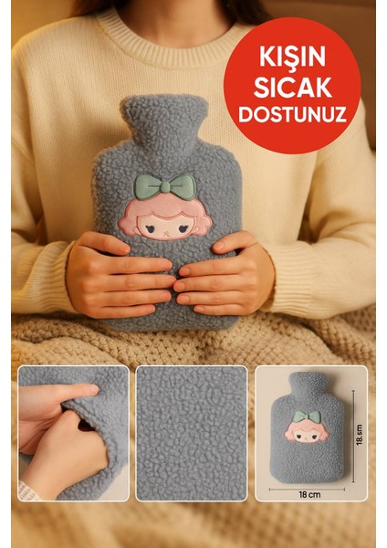 Gri Peluş Sıcak Su Torbası – Yumuşak, Güvenli ve Şık Saçlı Kız Model, 1 Litre