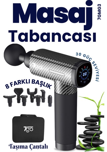 7gmg3 Masaj Tabancası | 8 Başlık | 30 Kademe Hız | LCD Ekran | Sessiz Güçlü Motor | 1500MAH Batarya | Taşınabilir Masaj Aleti