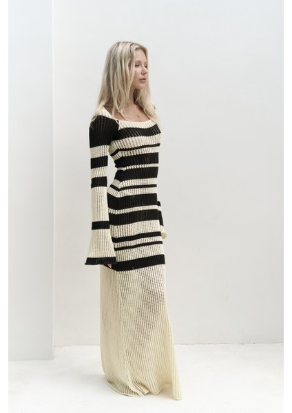 Wora Çizgili Triko Sarı Uzun Elbise modelleri