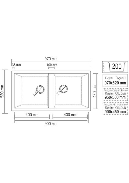 P019 Nemrut Granit Mutfak Eviyesi Krem Tezgah Altı - Üstü 97X52 cm Iki Gözlü fiyatları