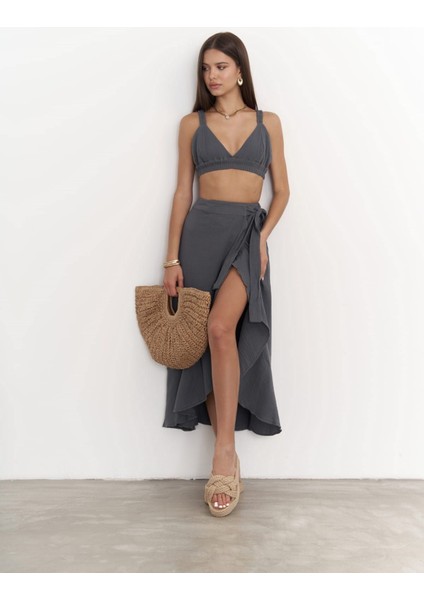 Adelina Antrasit Müslin Crop-Etek Takım