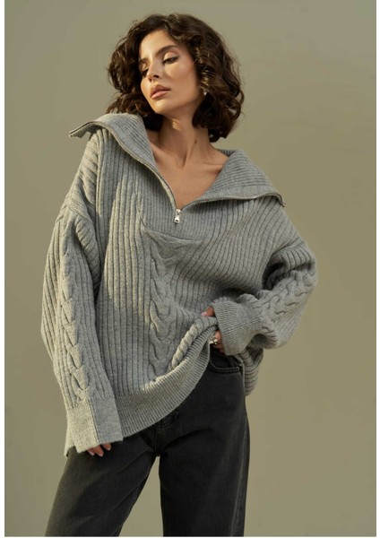 Rika Füme Saç Örgü Fermuarlı Triko Kazak
