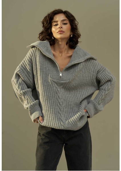 Rika Füme Saç Örgü Fermuarlı Triko Kazak fiyatları