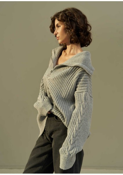 Rika Füme Saç Örgü Fermuarlı Triko Kazak fırsatları