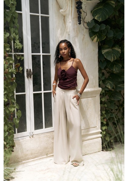 Mahoney Bej Keten Palazzo Pantolon