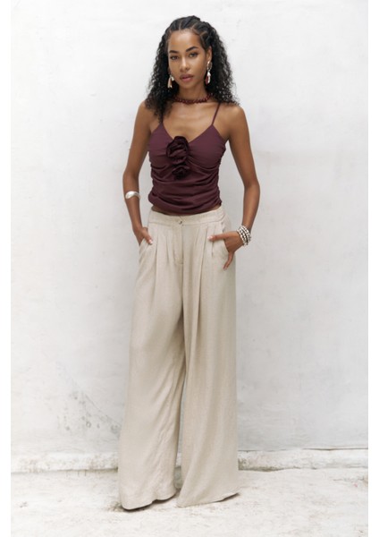 Mahoney Bej Keten Palazzo Pantolon fiyatları