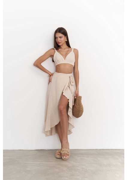 Adelina Koyu Bej Müslin Crop-Etek Takım