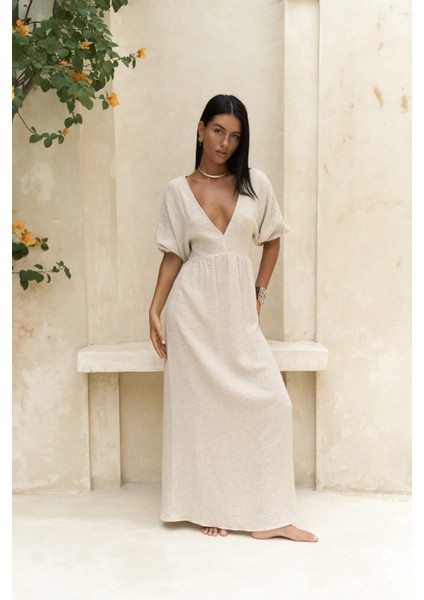 Habire Sırt Dekolteli Bej Elbise