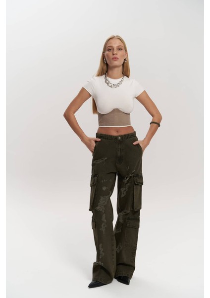 Dries Kirli Yeşil Yırtık Detay Kargo Jean Pantolon