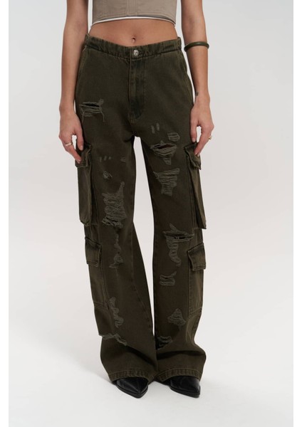 Dries Kirli Yeşil Yırtık Detay Kargo Jean Pantolon modelleri