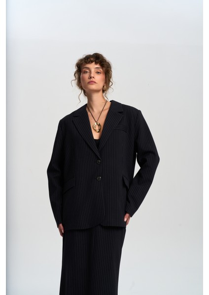 Bruno Çizgili Lacivert Blazer