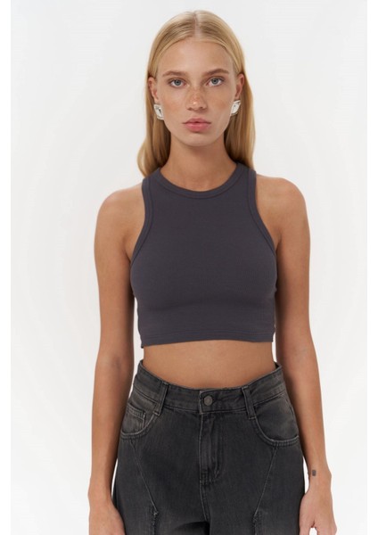Fleur Fitilli Halter Yaka Antrasit Crop