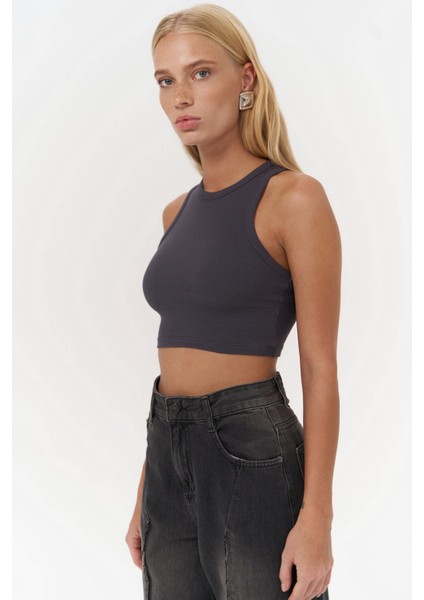 Fleur Fitilli Halter Yaka Antrasit Crop fiyatları