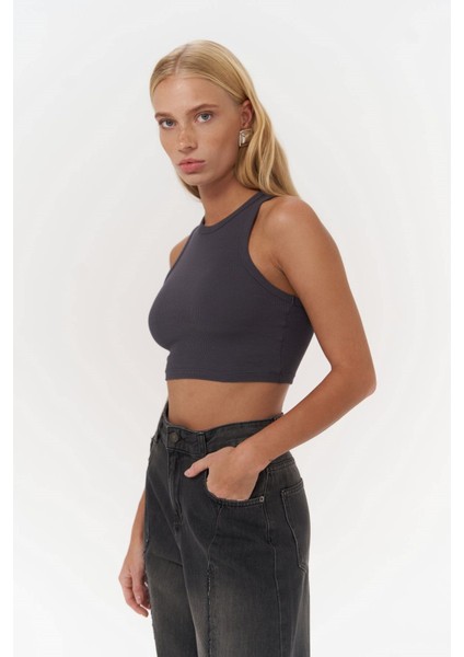 Fleur Fitilli Halter Yaka Antrasit Crop modelleri