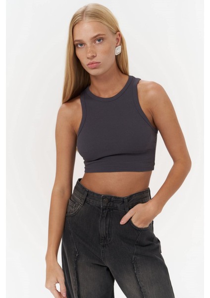 Fleur Fitilli Halter Yaka Antrasit Crop indirimleri