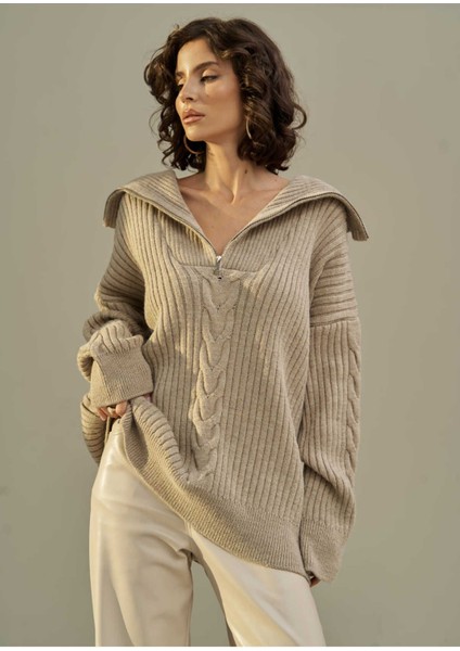 Rika Vizon Saç Örgü Fermuarlı Triko Kazak