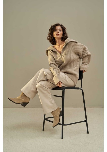 Rika Vizon Saç Örgü Fermuarlı Triko Kazak fiyatları