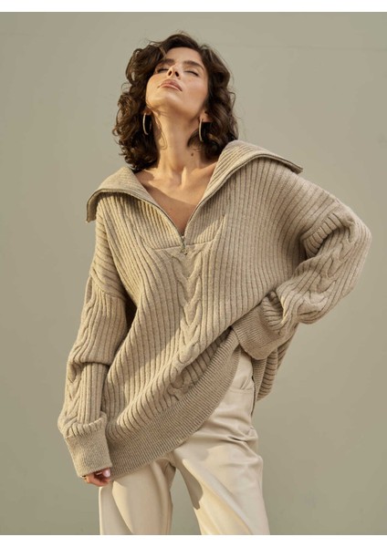 Rika Vizon Saç Örgü Fermuarlı Triko Kazak modelleri