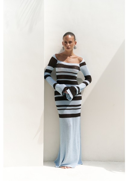 Wora Çizgili Triko Mavi Uzun Elbise