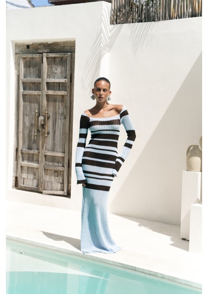 Wora Çizgili Triko Mavi Uzun Elbise fiyatları