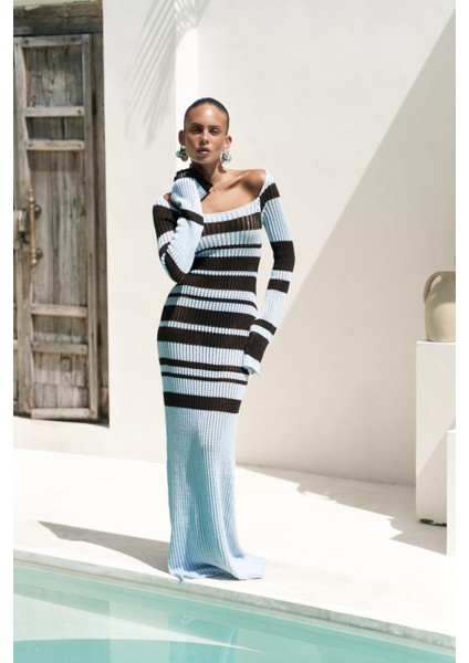 Wora Çizgili Triko Mavi Uzun Elbise modelleri