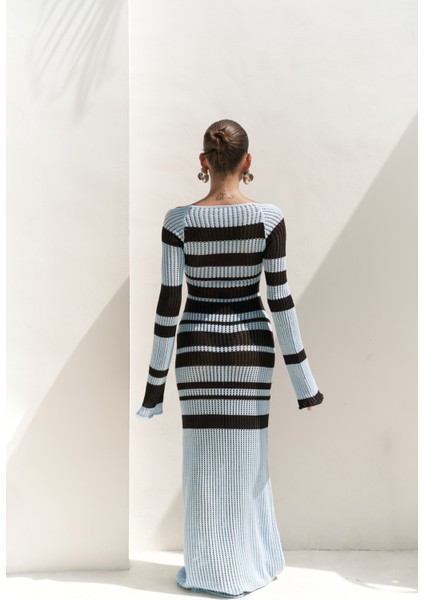 Wora Çizgili Triko Mavi Uzun Elbise fırsatları