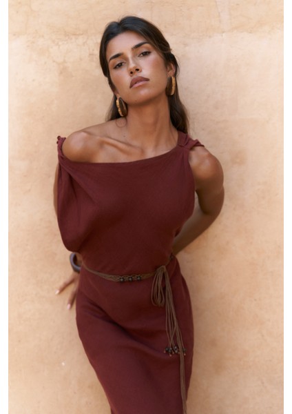 Barabla Kolsuz Uzun Kiremit Keten Elbise