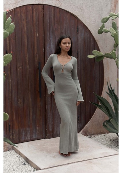 Ortensia Metal Detay Haki Uzun Triko Elbise