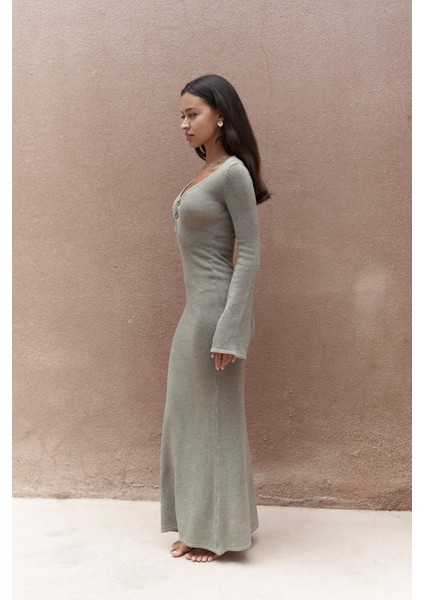 Ortensia Metal Detay Haki Uzun Triko Elbise modelleri