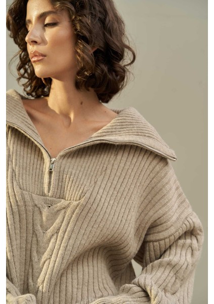 Rika Vizon Saç Örgü Fermuarlı Triko Kazak indirimleri