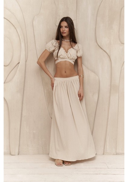 Indriya Bej Crop Etek Takım