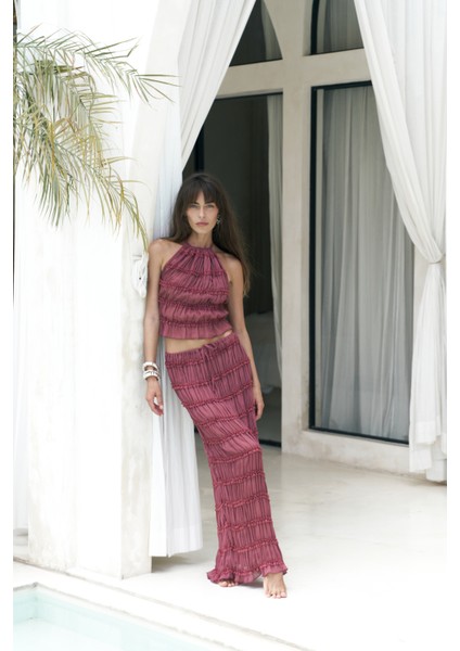 Sofi Transparan Açık Bordo Crop Etek Takım