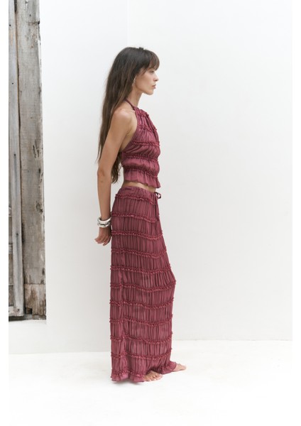 Sofi Transparan Açık Bordo Crop Etek Takım modelleri